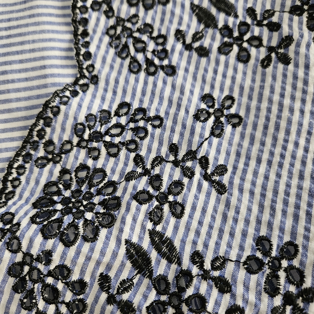 Zara Boho Blue Blouse Small Embroidered Short Puff Sleeves Scalloped Seersuc Top - Picture 6 of 9